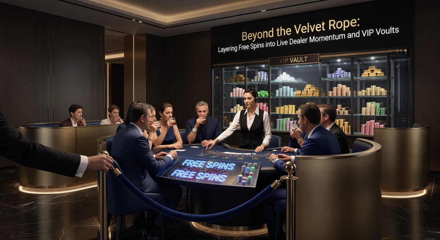 Dynamic casino vault overflowing with golden chips, free spin icons, and live dealer cards, illustrating layered rewards in VIP programs