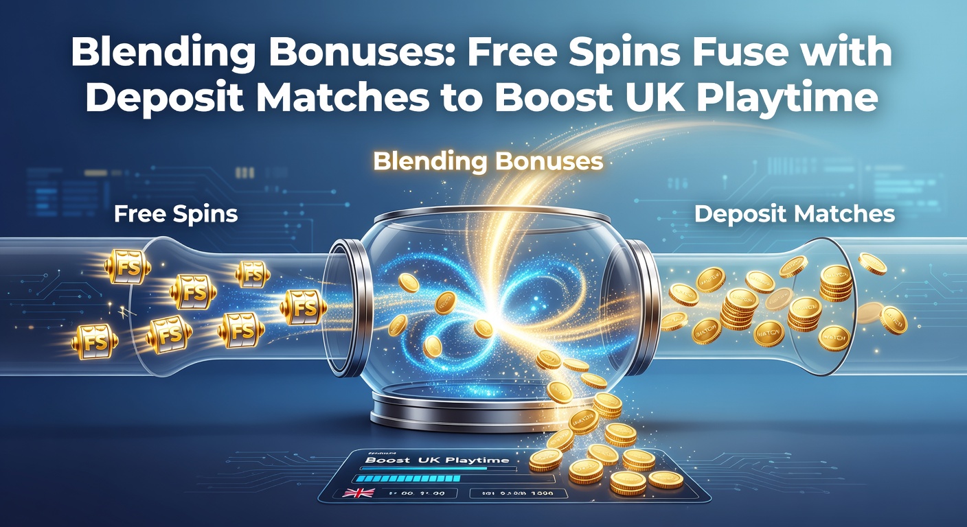 Vibrant slot reels spinning with overlaid bonus icons representing free spins and deposit match offers merging on a casino interface