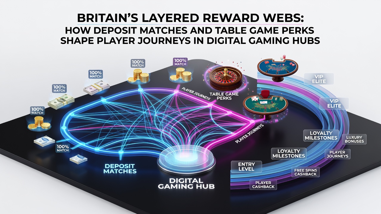 Digital gaming interface showing layered bonus structures and table game rewards in a British online casino setting