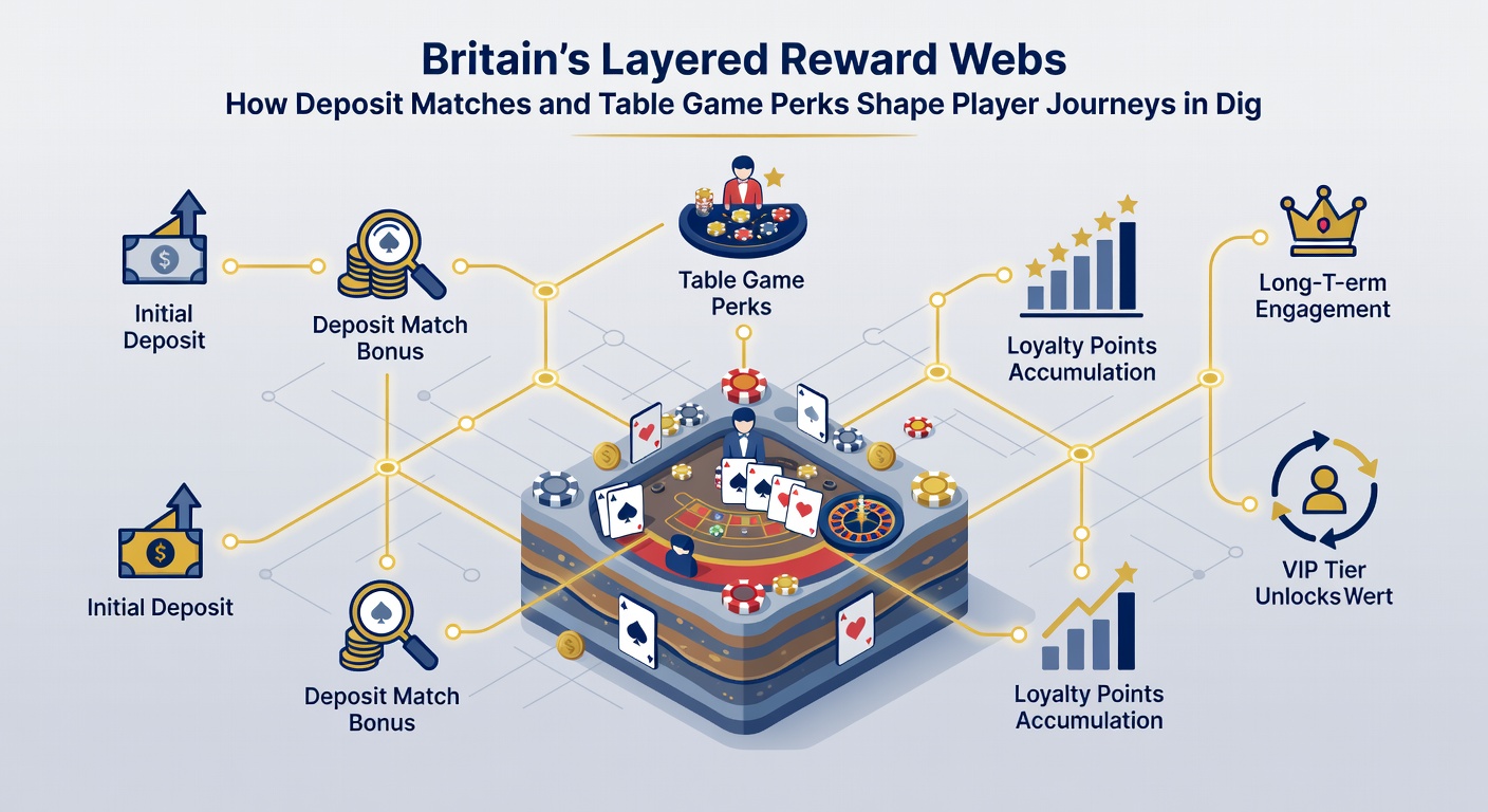 Illustration of player progression through reward layers including deposit matches and table game perks in UK digital casinos