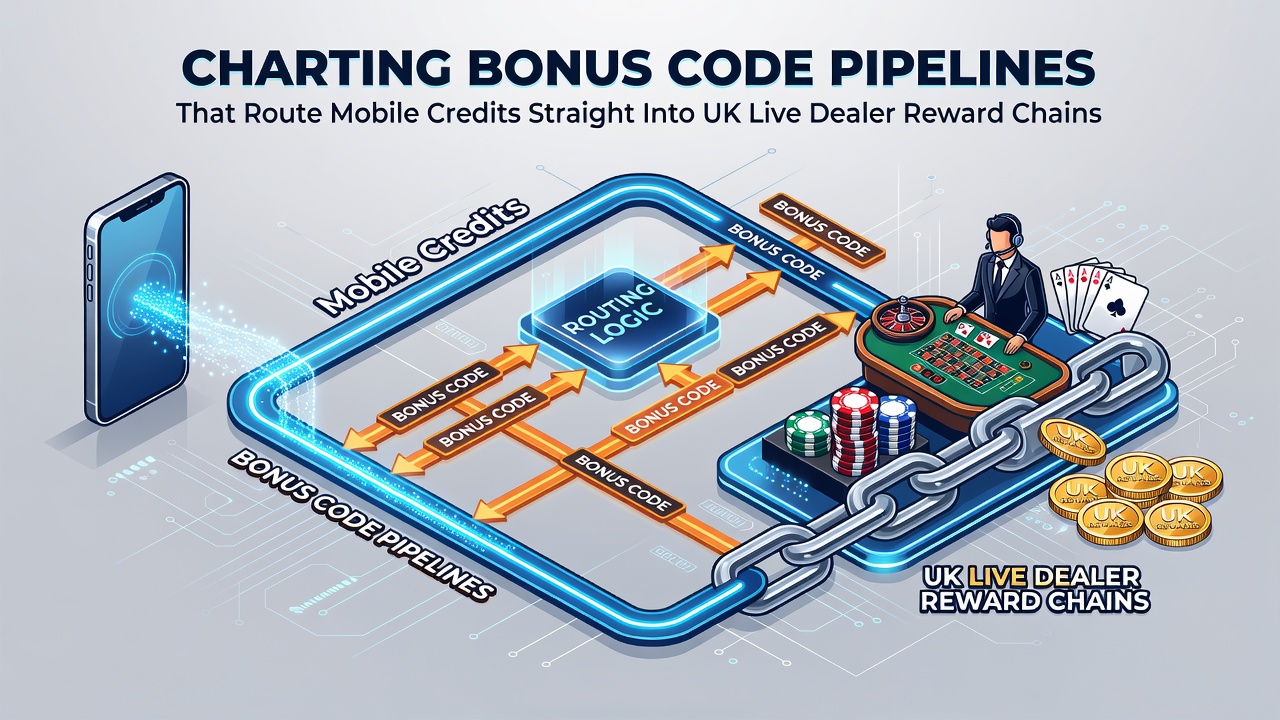 Flowchart illustrating bonus code pipelines connecting mobile accounts to UK live dealer reward progression
