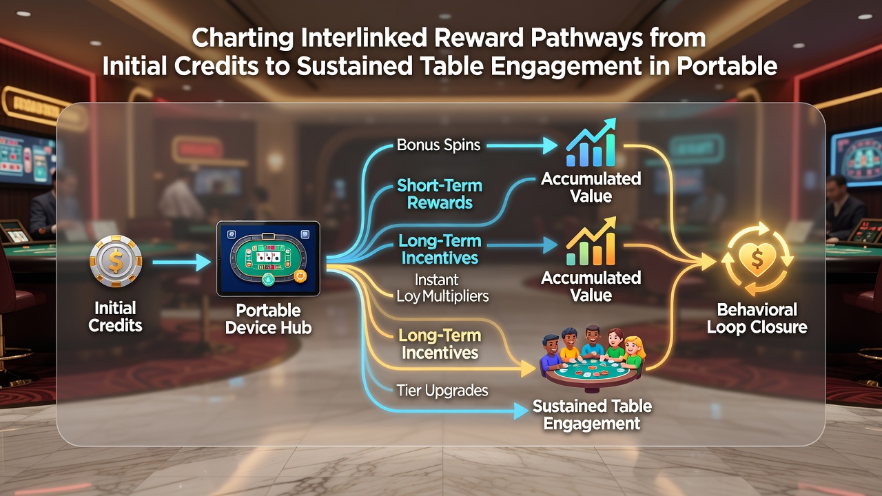Diagram illustrating reward pathway progression from welcome credits to sustained live table participation on tablet devices