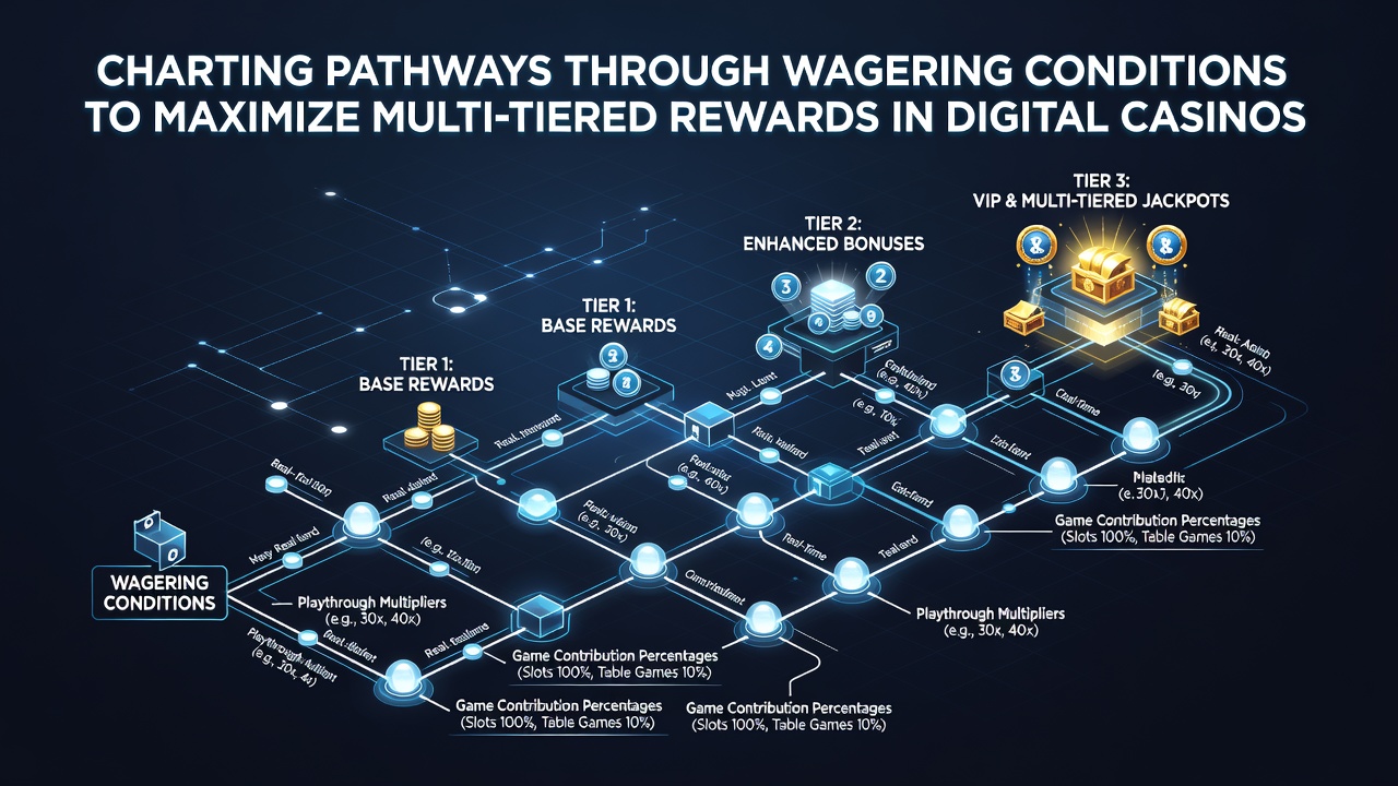 Diagram illustrating various wagering requirement pathways and bonus tier structures in online casino platforms