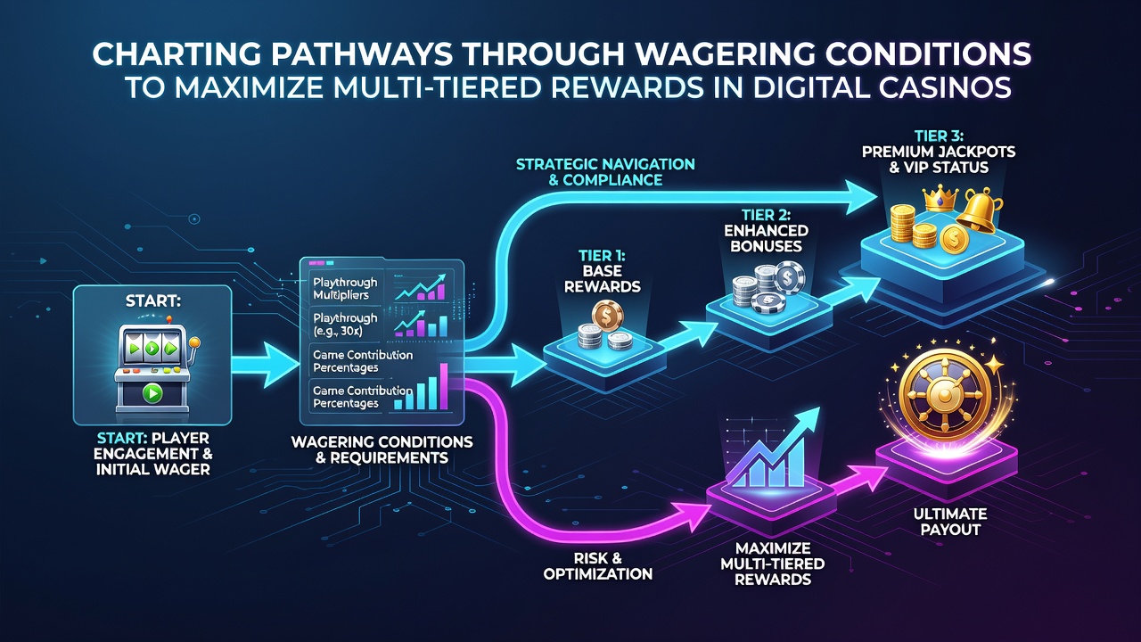Illustration of tiered reward progression showing loyalty levels and associated wagering reductions in digital casino environments