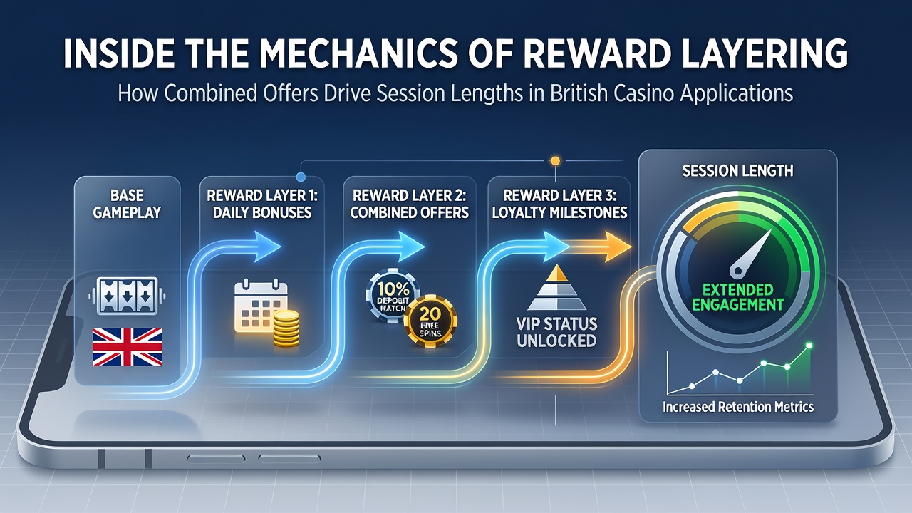 Detailed view of reward layering mechanics in British casino mobile apps showing combined bonus structures and session progression indicators