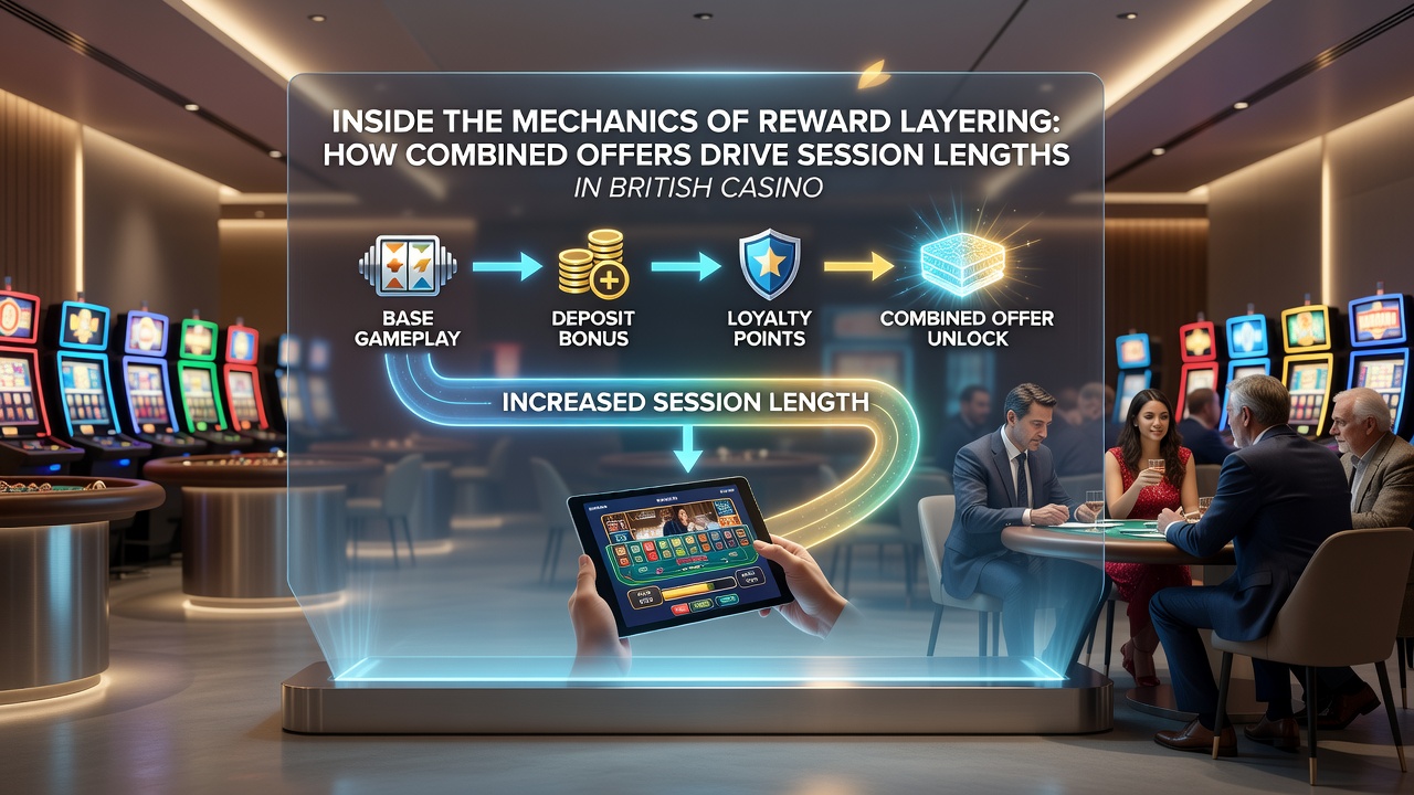 Mobile casino app interface displaying multiple active reward layers and session duration metrics for British players