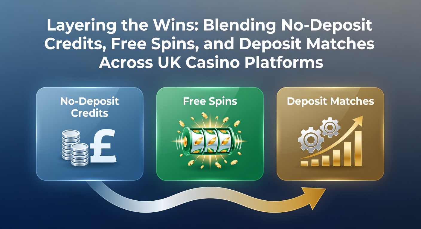 Vibrant casino interface showing layered bonus offers with credits, spins, and match icons glowing on a UK-themed platform