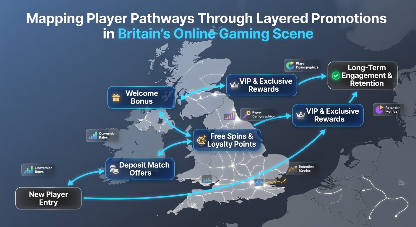 Illustration showing layered bonus pathways from free spins to VIP tiers in British online casinos