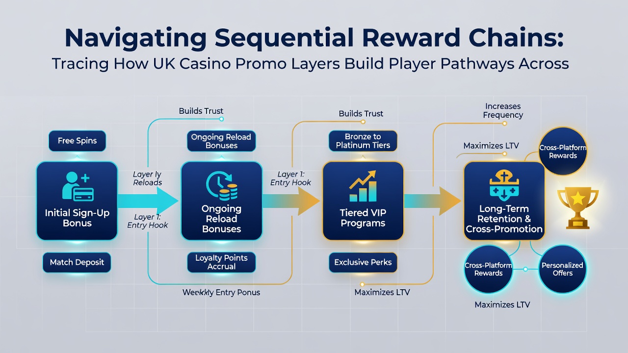 Flowchart depicting player progression through UK casino promo layers between mobile slots and live dealer blackjack