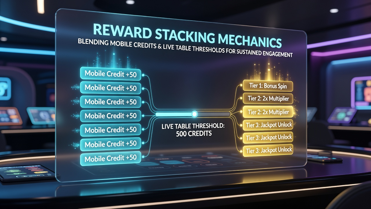 Illustration of mobile casino app interface showing stacked reward credits alongside live table game progress indicators